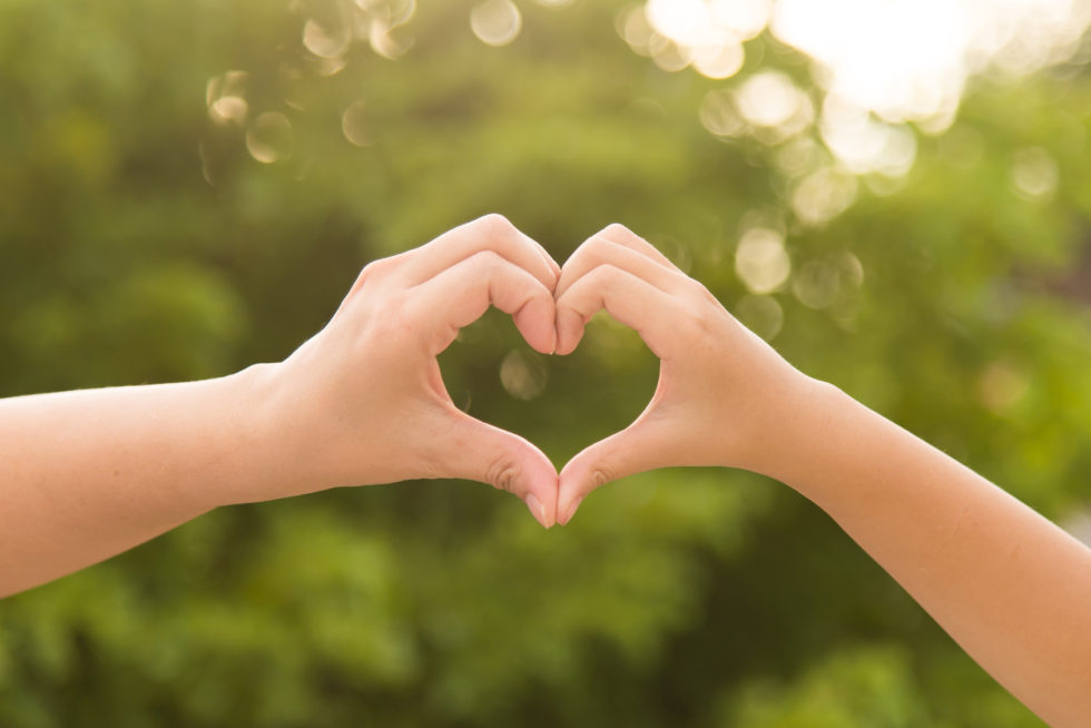 Mother and her child holding hands in heart shape framing on nature background