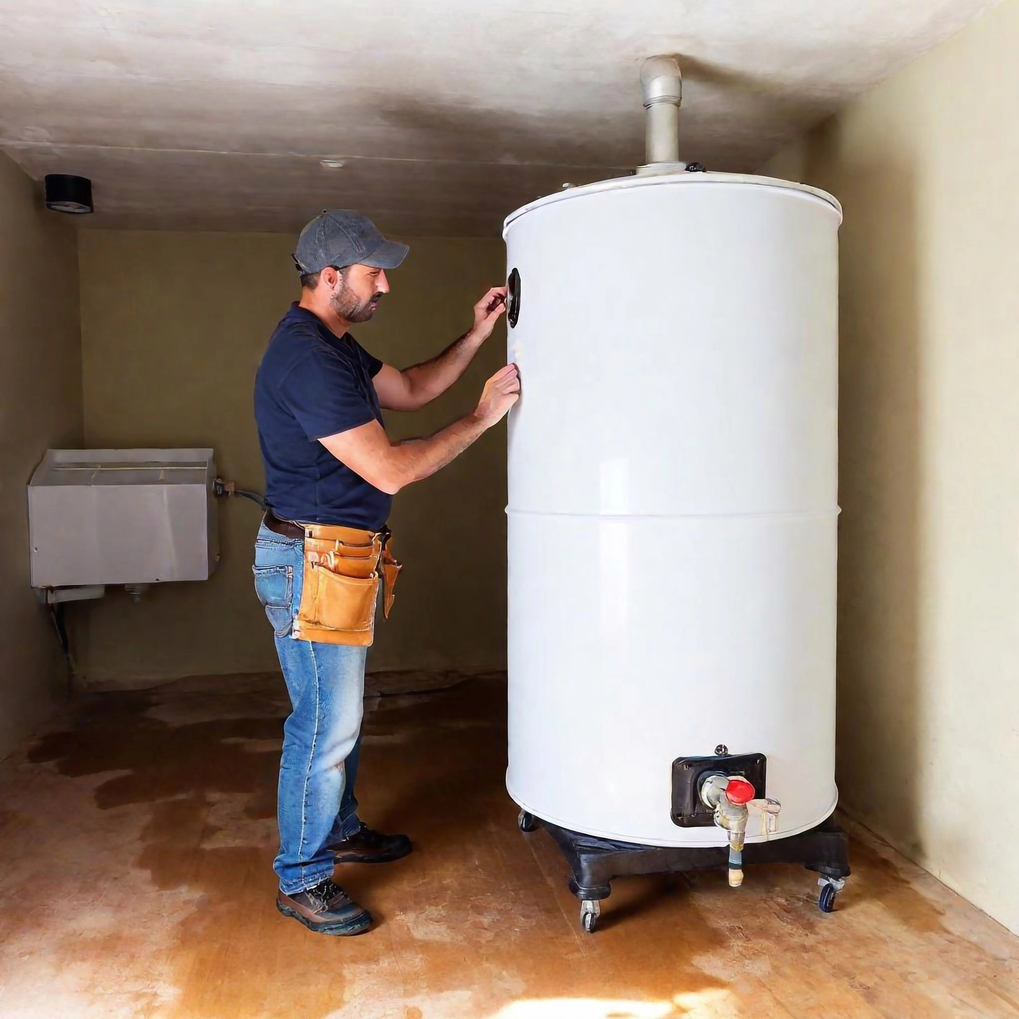 A man working around a hot water tank.